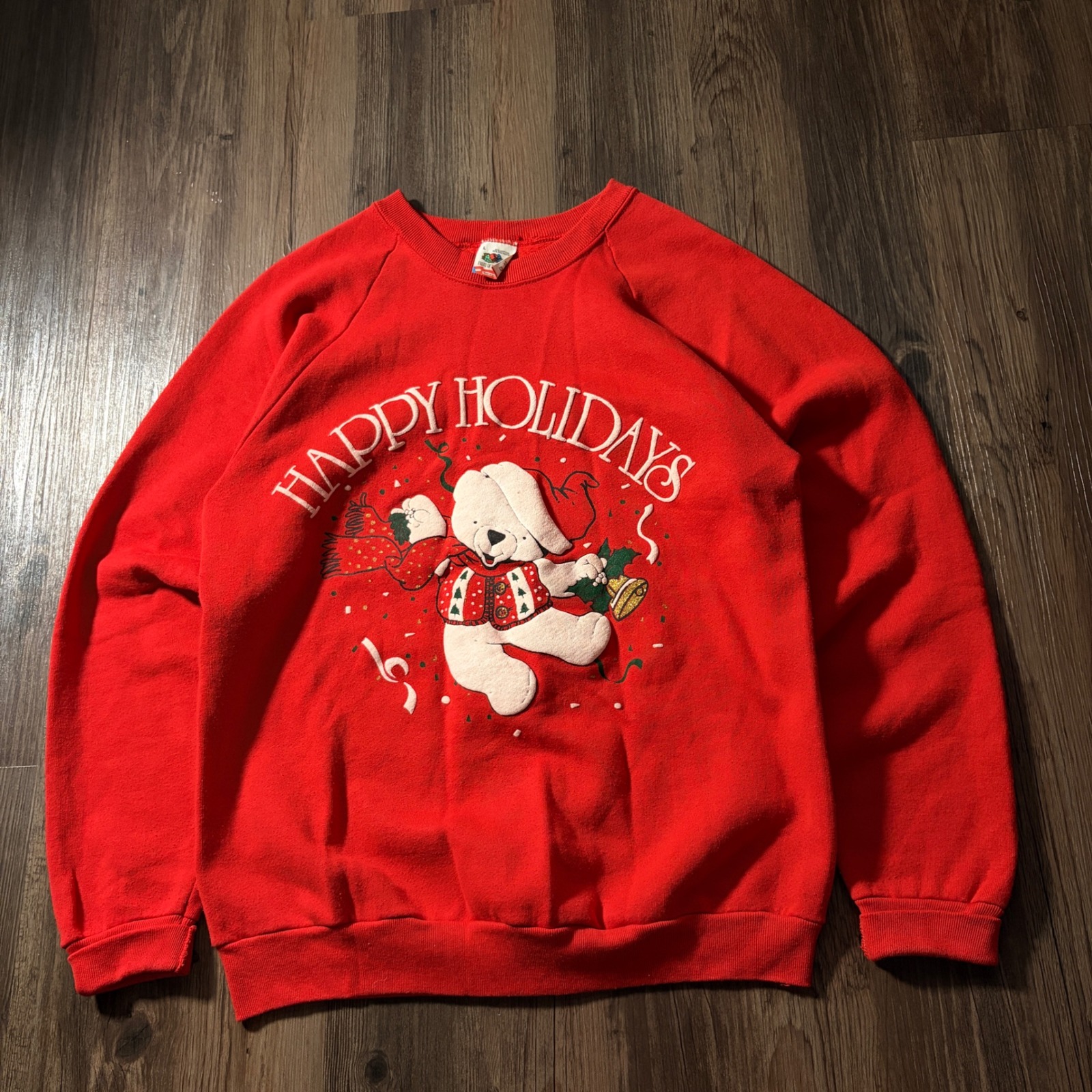 Vintage Fruit Of The Loom Happy Holidays Teddy Bear Christmas Sweatshirt Mens L